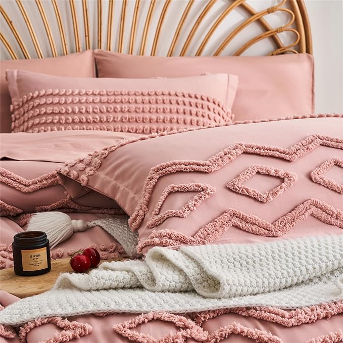 Blush Pink Tufted Comforter Set Queen Size 7 Piece Bed in a Bag, Shabby Chic Boho Comforter and Sheet Set, Pom Pom Textured Bed Set, All Season Soft Microfiber Complete Bedding Set(Pink,Queen)