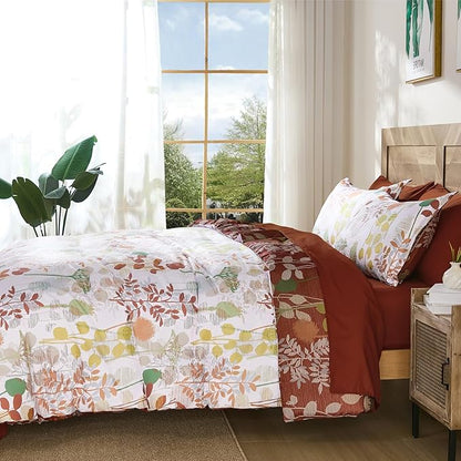 Anibedding 7Pieces Queen Comforter Set, Brown Botanical Bed in a Bag Complete Set with Sheet Pillowcase for Bedroom All Season