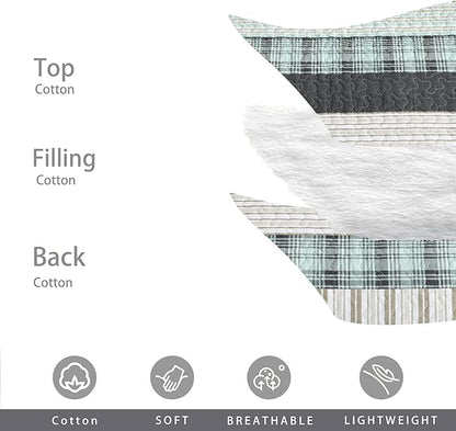 Homzard King Comforter，Cotton King Size Quilt，Teal Black Beige Bedding Set，Plaid Striped Bedspread，Lightweight Reversible Coverlet All Season 3 Pieces