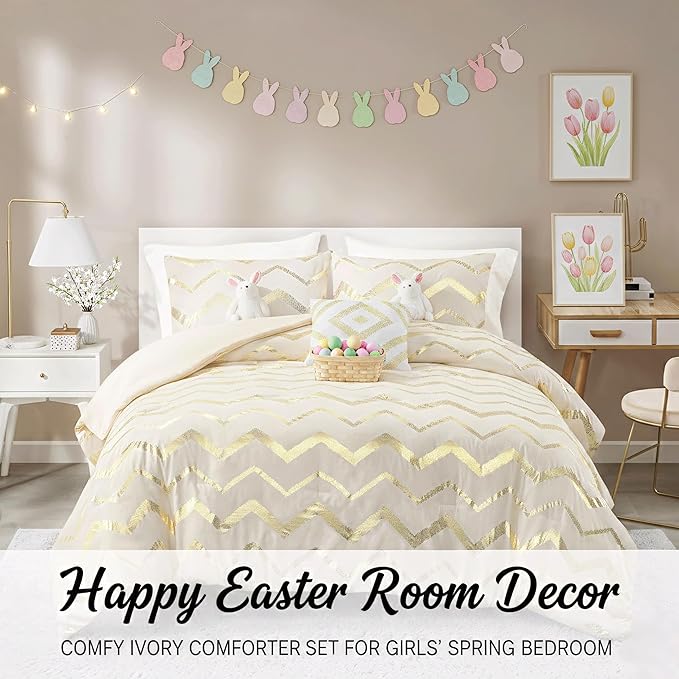 Codi Teen Bedding Set Twin Size, Cute Ivory & Gold Comforter Sets for College Dorm Girls, 3 Pieces - All Seasons Warm
