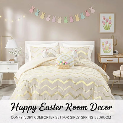 Codi Teen Bedding Set Twin Size, Cute Ivory & Gold Comforter Sets for College Dorm Girls, 3 Pieces - All Seasons Warm