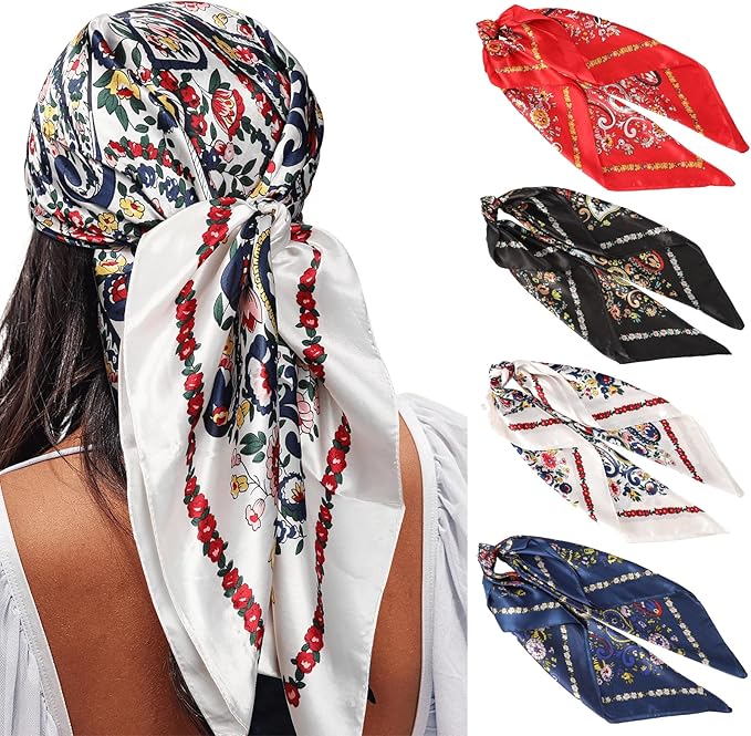 AWAYTR 35” Satin Large Square Head Scarves - 4PCS Silk Like Neck Scarf Hair Sleeping Wraps Satin Silk Scarfs for Women