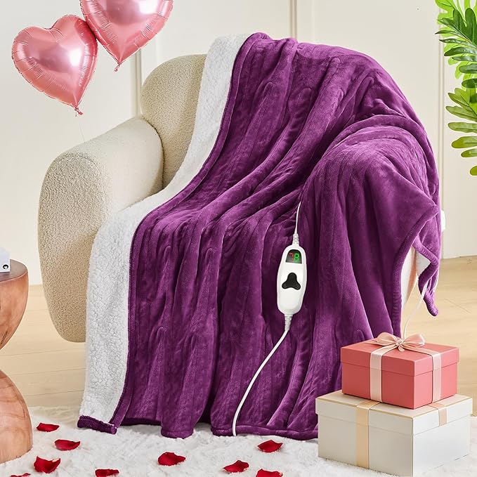 greenoak Heated Blanket Electric Twin 62"X84", Heating Blanket with 10 Heat Levels 1/2/4/6/8 Hours Auto-Off, Soft Flannel Sherpa Warm Heater Christmas Blanket,Taro Purple