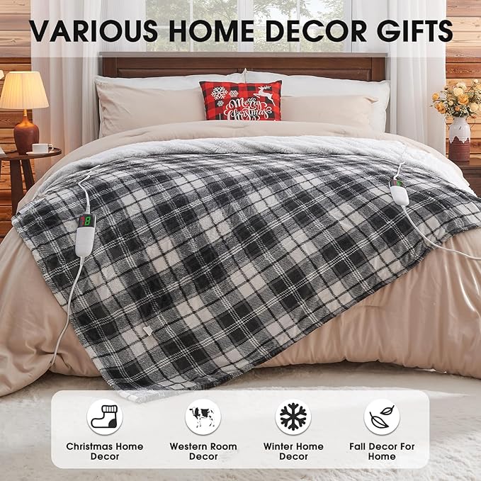 OCTROT Heated Electric Blanket Queen Size, 84X90 Heating Blanket Queen with Dual Control&10 Heats Levels&Timer for Bed,Black Plaid Sherpa Large Blankets Warmer Gift for Grandma Women Adults, Washable