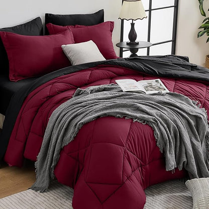 HEVUMYI Red & Black Twin-XL Comforter Set - 5-Piece All Season Bed in a Bag Twin-XL, Ultra Soft Bedding Set with Burgundy Comforter, Flat Sheet, Fitted Sheet, Pillowcases, Pillow Shams