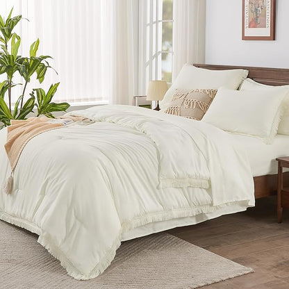 Andency Oversized King Comforter Set Ivory 120x98-7 Pieces Boho Tassel Bed in a Bag Soft Lightweight Bedding Sets, Fringe All Season Bed Set with Comforter, Sheets, Pillowcases & Shams