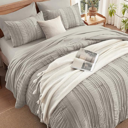Grey Tufted Comforter Set King Size 7 Piece Bed in a Bag，Shabby Chic Boho Bedding for Bedroom Comforter，All Season Soft Microfiber Ruffle Comforter Set with Pillow and Sheets