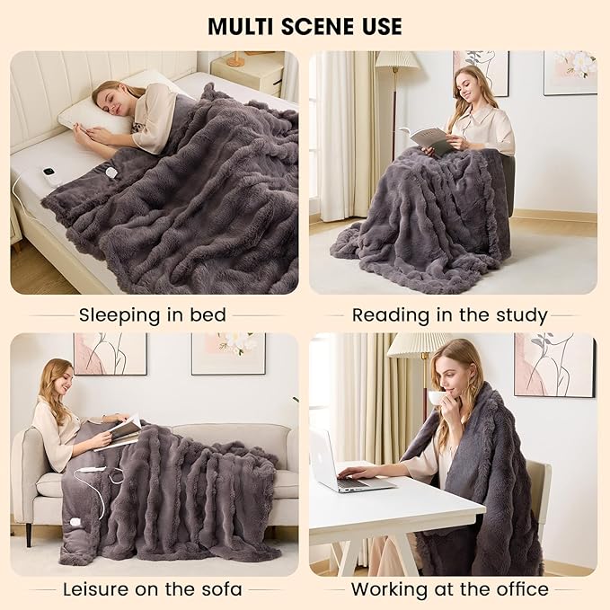 Heated Blanket Electric Throw - Soft Cozy Faux Fur Bubble Electric Blankets with 6 Time Settings, 8 Heating Levels, Fast Heating & Overheat Protection, Machine Washable (59" x 79", Gray)