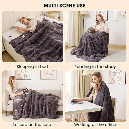 Heated Blanket Electric Throw - Soft Cozy Faux Fur Bubble Electric Blankets with 6 Time Settings, 8 Heating Levels, Fast Heating & Overheat Protection, Machine Washable (59" x 79", Gray)