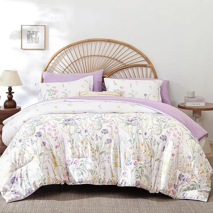Yiran Floral Comforter Set King Size, Purple 7 Piece Cute Flower Comforters Bed in a Bag Lavender, Soft Microfiber Complete Aesthetic Botanical Bedding Set with Sheets for Women Girls