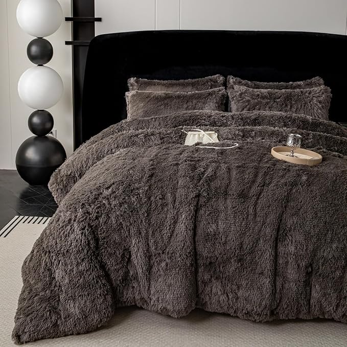 chovy Faux Fur Plush Gray Comforter Sets Full/Queen - Ultra Soft Shaggy Flannel Velvet Fluffy Fuzzy 3PC Bedding Set (Comforter x 1 Pillowcases x 2)