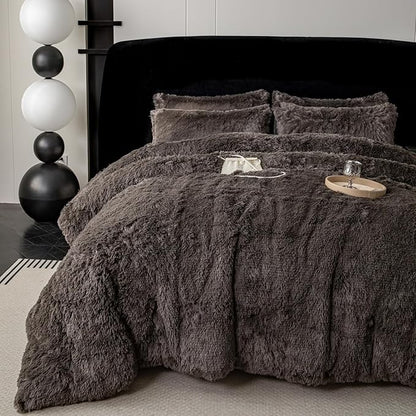 chovy Faux Fur Plush Gray Comforter Sets Full/Queen - Ultra Soft Shaggy Flannel Velvet Fluffy Fuzzy 3PC Bedding Set (Comforter x 1 Pillowcases x 2)