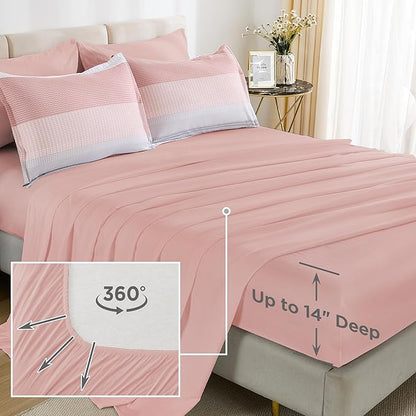 Andency Full Size Comforter Set 7 Pieces - Pink Striped Lightweight Bed in a Bag, Fully Microfiber Bedding Breathable All Season Beddding Set with Comforter, Fitted & Flat Sheet, Pillowcases & Shams