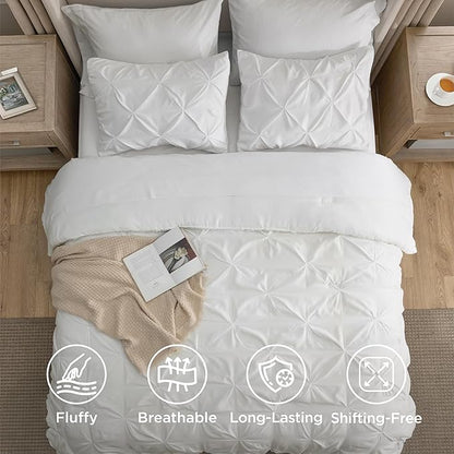 Bedsure Twin Comforter Set White - Bed in a Bag Twin Size Bedding 5 Pieces, GentleSoft™ Pintuck Bed Set Gift for Family, Pinch Pleat White Comforter with Sheets, Pillowcase & Sham