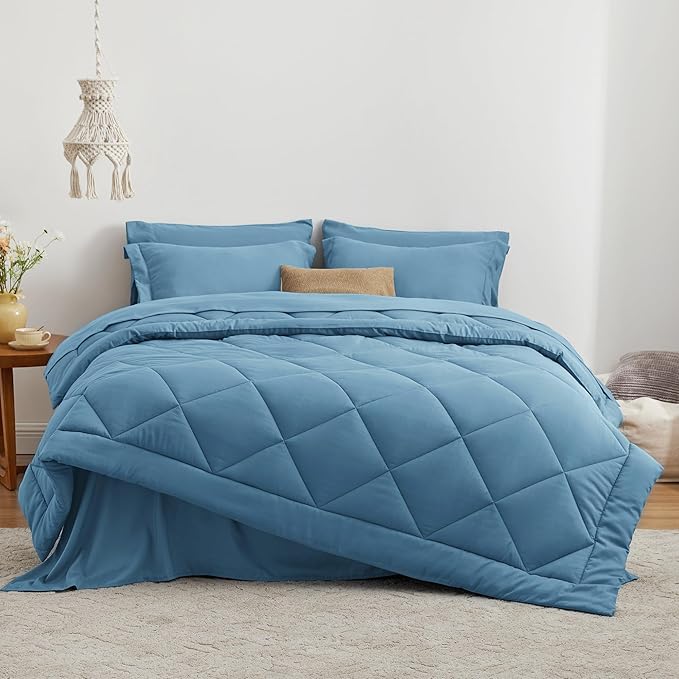 Love's cabin King Size Comforter Set Misty Blue, 7 Pieces King Bed in a Bag, All Season Bedding Sets with 1 Comforter, 1 Flat Sheet, 1 Fitted Sheet, 2 Pillowcase and 2 Pillow Sham