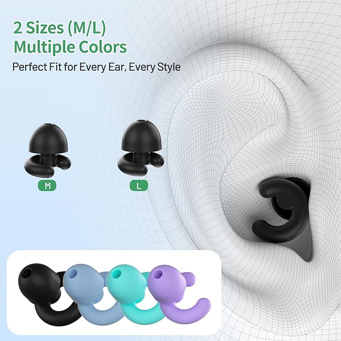 Noise Cancelling Ear Plugs for Sleep, Small Ear Fit - No-Pain for Side Sleepers, 33dB NRR Reusable Silicone One-Piece Design, 4 Sizes for Adults & Kids, Portable Case