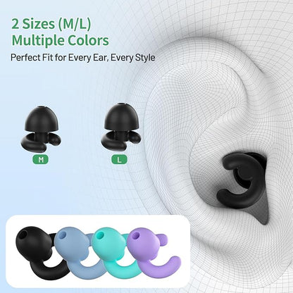 Noise Cancelling Ear Plugs for Sleep, Small Ear Fit - No-Pain for Side Sleepers, 33dB NRR Reusable Silicone One-Piece Design, 4 Sizes for Adults & Kids, Portable Case