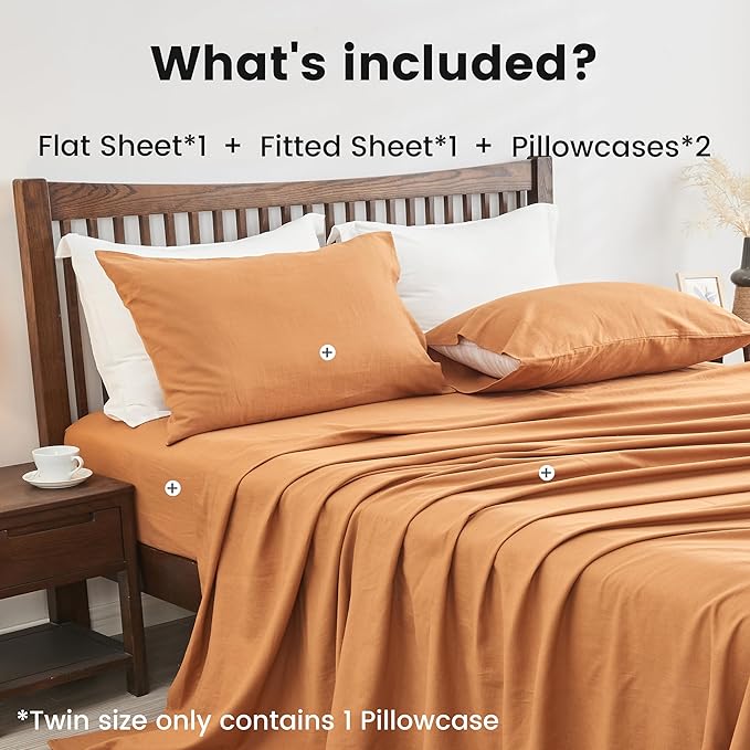 Simple&Opulence Belgian Linen Sheet Set Solid Color - 4 Pieces (1 Flat Sheet, 1 Fitted Sheet & 2 Pillowcases) Natural Flax Cotton Blend Soft Breathable Farmhouse Bedding - Full Size, Rust