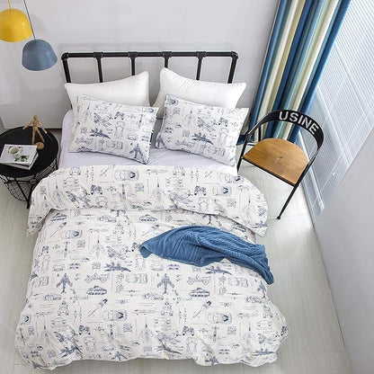 KAREVER Aircraft Comforter Set Queen Boys White Cartoon Bedding Set Alternative Comforters Airplane Car Tank Printed Bedding Blanket Full for Children Teen Boy with Microfiber Inner Insert