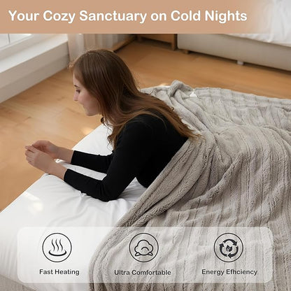 Electric Heated Blanket Throw Size 50"x60", Fast Heating Throw, Plush Faux Fur for Sofa & Office,4 Heating Levels & 10 Hours Auto Off, Machine Washable, Gifts for Family-Light Brown