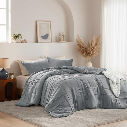 Queen Size Comforter Set Blue Grey, 3 Pieces Bedding Set, Ultra Soft Prewashed Bed Set, Pinch Pleat All Seasons Lightweight Comforter and Shams