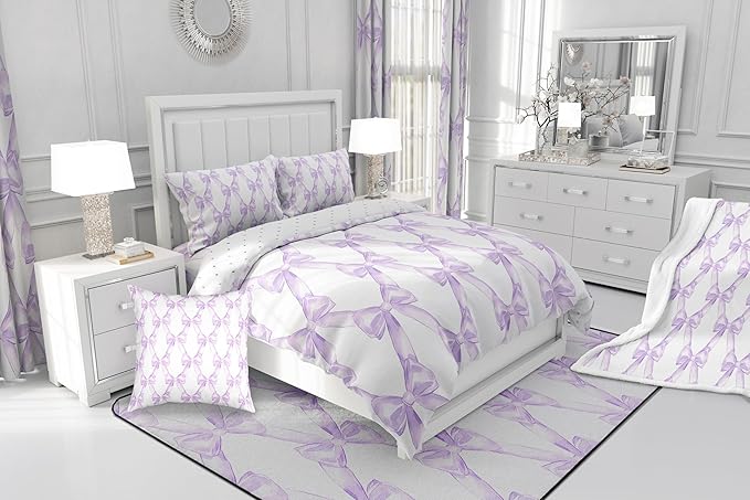Erosebridal Bow Bedding Comforter Sets Dreamy Princess Style Bowknot Bedding Set Purple Watercolor Bow Tie Comforter Set King Size for Kids Boys Girls Room Decor,Geometric Ribbon Bowknot Quilt Duvet