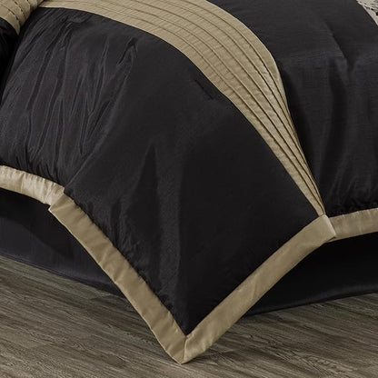 Chezmoi Collection Kelsey Comforter Set Queen Size, 7-Piece Black Gold Hibiscus Floral Jacquard Bedding Set