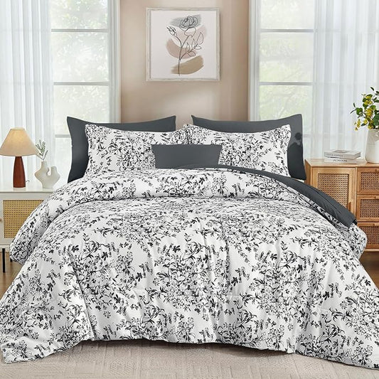 WONGS BEDDING Comforter Set King, 8 Pieces Black Gray Floral Botanical Plants Print Comforter, Soft Fluffy Microfiber Complete Bed in a Bag Bedding Sets for All Season (90"x104")