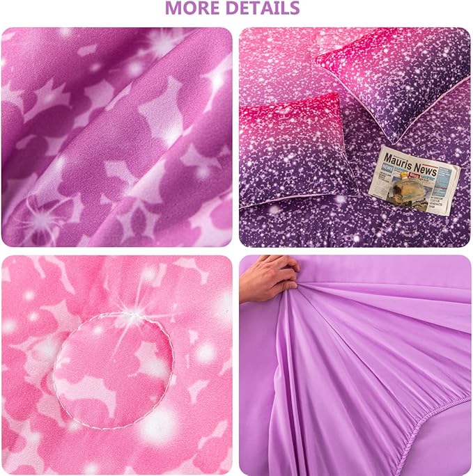 PERFEMET Purple Comforter Set Full Size - 6Pcs Colorful Rainbow Girls Bedding Set - Sparkly Pastel Ombre Bed in A Bag - (1 Comforter, 1 Flat Sheet, 1 Fitted Sheet, 2 Pillowcases, 1 Cushion Cover)