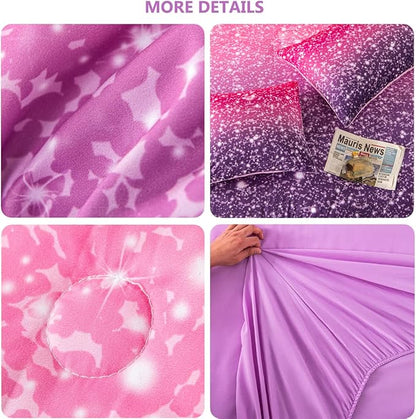 PERFEMET Pink Purple Girls Queen Comforter Set with Sheets 6 Pieces Colorful Rainbow Tie Dye Kids Bedding Set Sparkle Glitter Ombre Bed in A Bag Soft Fluffy Teen Girl Bed Set for Bedroom Decor