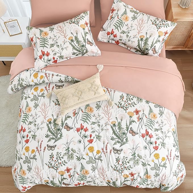Yiran 7 Piece Floral Comforter Set Queen Size, Pink Green Summer Comforter Bedding Set, Botanical Bed in a Bag with Flowers Pattern, Soft Microfiber Complete Bedding Set with Sheets for All Season