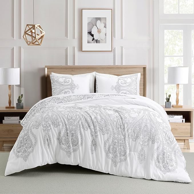 Sunshine Nicole Reversible Comforter Set, Brushed Microfiber Fabric with Embroidery for Front and Printed Microfiber Fabric for Reverse, 3 Pieces Grey White King
