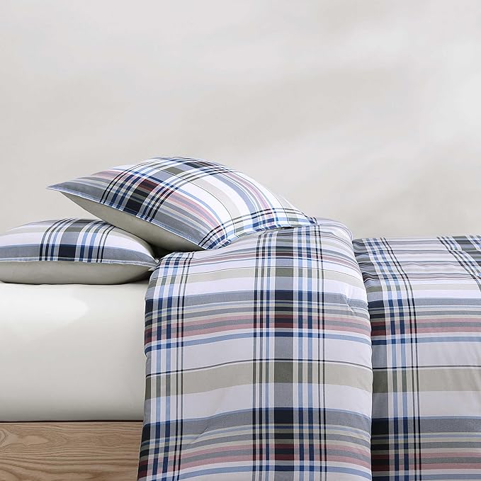Tommy Hilfiger - Full/Queen Comforter Set, Cotton Textured Bedding with Matching Shams, Medium Weight Bed Set, Oeko-TEX Certified (Waterbury Plaid Blue)