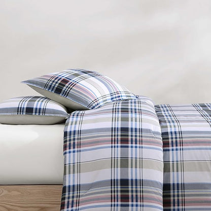 Tommy Hilfiger - Full/Queen Comforter Set, Cotton Textured Bedding with Matching Shams, Medium Weight Bed Set, Oeko-TEX Certified (Waterbury Plaid Blue)