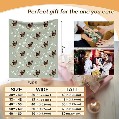 Custom Blanket with Funny Dog Face & Name Personalized Soft Warm Fleece Throw Blankets with Paw Bones Customized Throws for Couch Bed Sofa Unique Gifts for Dog Dad Mom Pet Lovers