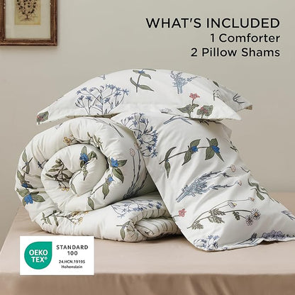 Bedsure Comforter Set King Size - Cute Floral Bedding Comforter Set, 3 Pieces, 1 Soft Reversible Coconut White Botanical Flowers Comforter and Pillow Shams