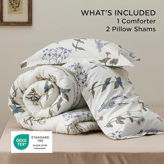 Bedsure Comforter Set Full Size - Cute Floral Bedding Comforter Set, 3 Pieces, 1 Soft Reversible Coconut White Botanical Flowers Comforter and Pillow Shams