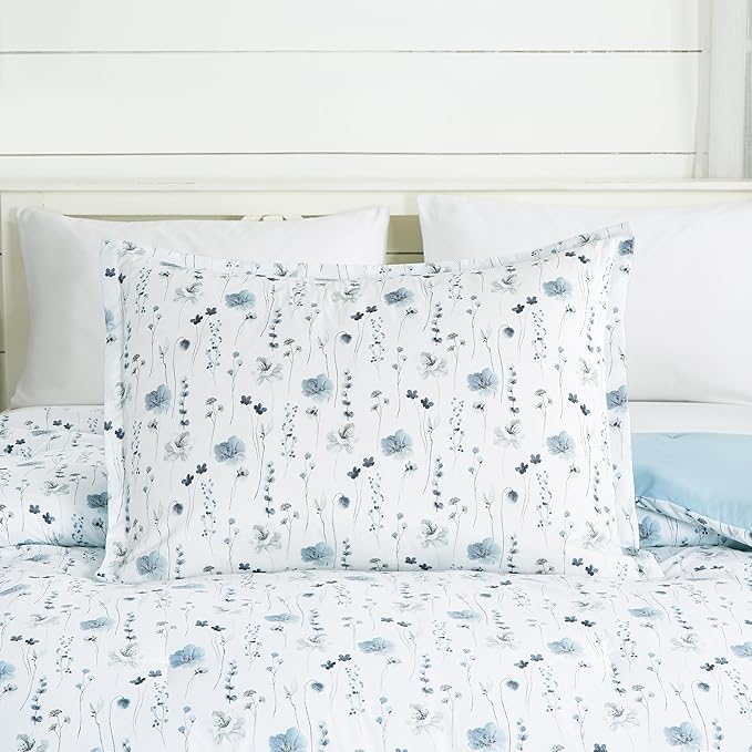 Chezmoi Collection Fran 3-Piece Boho Floral Comforter Set, Queen - Blue White Poppy Flower Watercolor Printed Microfiber Lightweight Bedding Set