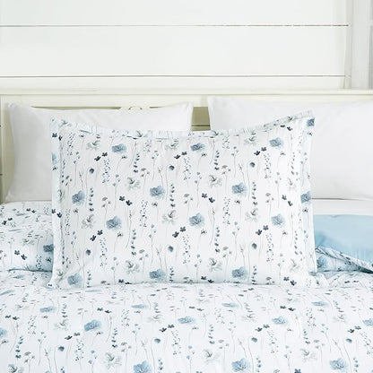 Chezmoi Collection Fran 3-Piece Boho Floral Comforter Set, Queen - Blue White Poppy Flower Watercolor Printed Microfiber Lightweight Bedding Set
