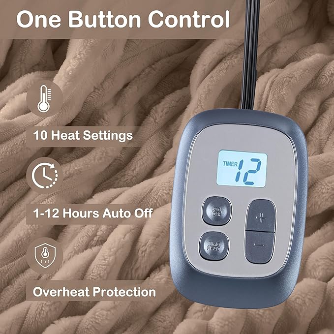 Electric Heated Blanket Queen Size 84"x90",Dual Controllers & Dual Heating Zones, 1-12 Hs Auto Off & 12 Heating Levels, Soft Striped Flannel for Bed, Machine Washable, Gifts for Family-Camel