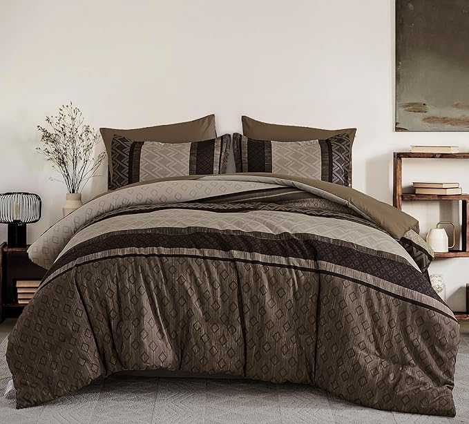 Cottolester Boho Comforter Set King Size,Light Brown Striped Bed in a Bag,7 Piece Plaid Comforter and Sheet Set,Soft Microfiber Complete Bedding Sets