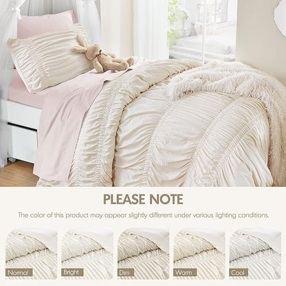 Intelligent Design Ruched Shabby Chic Comforters for Twin Size Bed, All Season Lightweight Comforter Twin, French Country Bedding Set, Sham, Ella, Twin/Twin XL, Ivory, 2 Piece