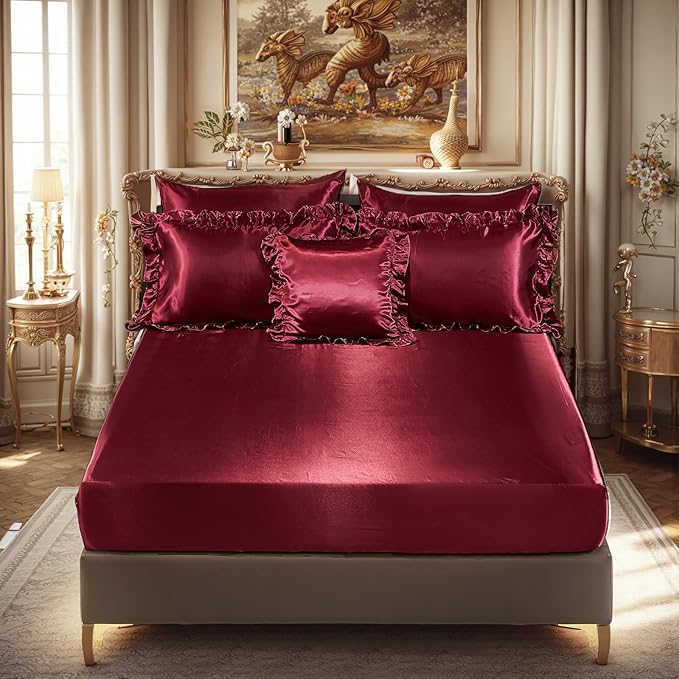 Silk Like Satin Comforter Set with Sheet Set Queen 8 Pcs Burgundy Satin Bedding Set Silky Ruffle Pattern Home Deocr Luxury Hotel Silky Bed in a Bag with 1 Cushion Cover