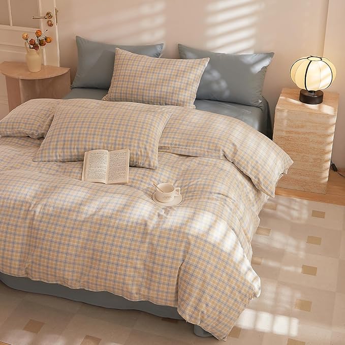 HighBuy Yellow Gingham Comforter Set Queen Size Plaid Comforter Queen Set Modern Checkered Grid Bedding Comforter Hotel Luxury Comfy Fluffy Bedding Sets for Men Teen,Easy Care