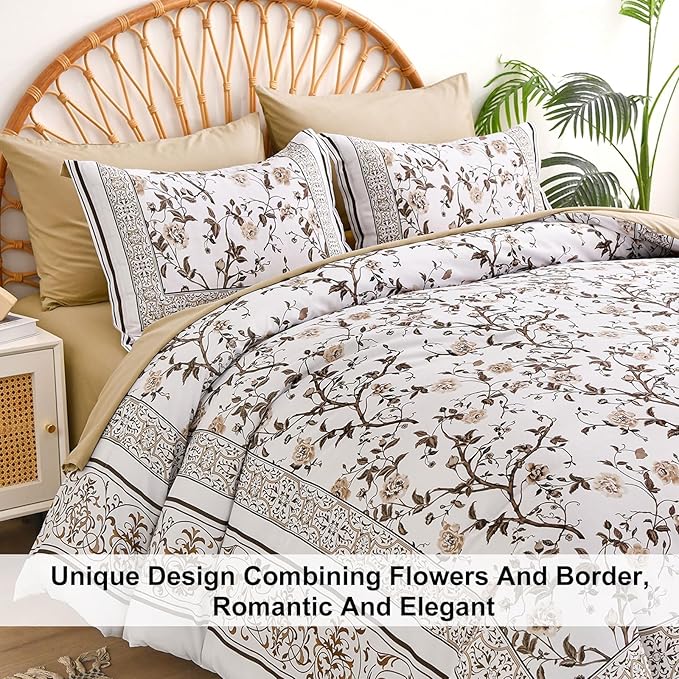 Dobuyly Brown King Size Comforter Set, Floral Botanical Bedding Set 7 Piece Bed in a Bag King, Soft Microfiber Flowers Bedding Comforter Sets with Sheets for All Season