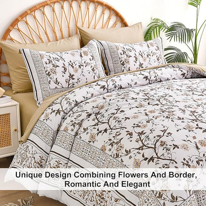 Dobuyly Brown Queen Comforter Set, 7 Piece Bed in a Bag Queen Size Floral Botanical Bedding Set, Soft Microfiber Bedding Comforter Sets with Sheets for All Season