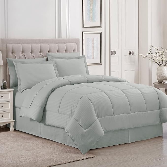 8 Piece Comforter Set Bag with Dobby Stripe Design, Case Pack (Pack of 3)