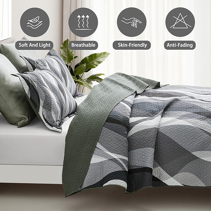 weesire Classic Line Pattern Bedding Quilt King Size Modern Grey Black and White Stripe Quilt with 2 Shams, Gray and White Comforter Sets Lightweight Breathable Bedspreads Coverlet, 96''x106''