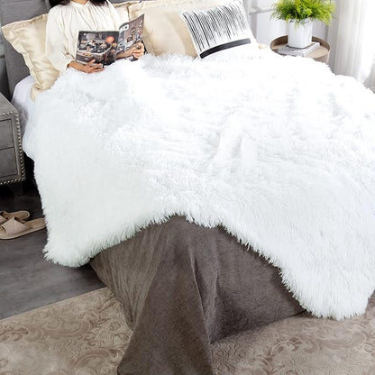 JONIYEAR Extra Large Decorative Fluffy Faux Fur Blanket Queen Size 80" x 90", Soft Luxury Lightweight Furry Blankets, Solid Cozy Shaggy Plush Thick Warm Fuzzy Blankets for Winter Bed Couch, White
