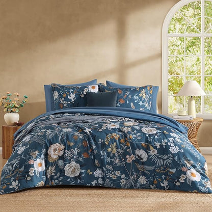 CASAAGUSTO Queen Comforter Set - 7 Pieces Blue Floral Bedding Sets, Queen Bed in a Bag with Botanical Butterfly Comforter, Sheets, Pillowcases & Shams for All Seasons